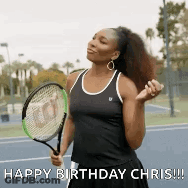 A Woman Is Holding A Tennis Racquet On A Tennis Court And Says Happy Birthday Chris . GIF