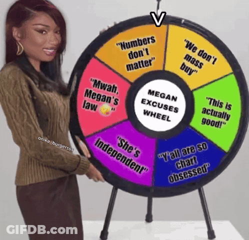 A Woman Is Holding A Wheel That Says Megan Excuses Wheel On It GIF