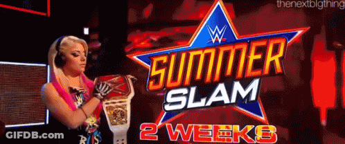 A Woman Is Holding A Wrestling Championship Belt In Front Of A Sign That Says Summer Slam . GIF