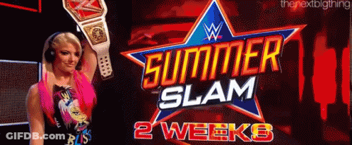 A Woman Is Holding A Wrestling Championship Belt In Front Of A Summer Slam Logo . GIF