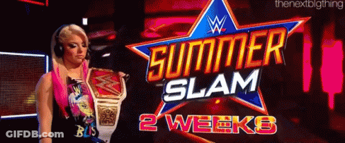 A Woman Is Holding A Wrestling Championship While Wearing Headphones In Front Of A Sign That Says Summer Slam 2 Weeks GIF