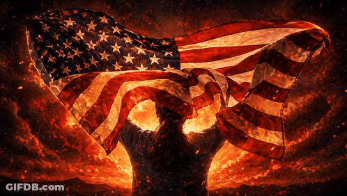 A Woman Is Holding An American Flag In Front Of A Firey Sky GIF