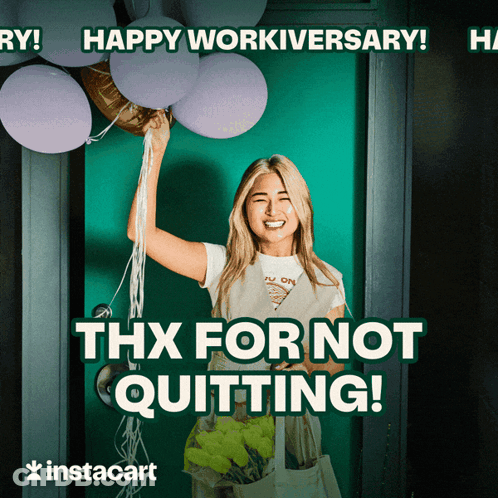 A Woman Is Holding Balloons In Front Of A Door That Says Happy Workiversary Thx For Not Quitting GIF