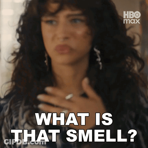 A Woman Is Holding Her Chest And Saying What Is That Smell GIF
