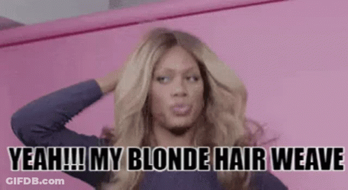 A Woman Is Holding Her Hair In Front Of A Pink Wall And Says `` Yeah ! My Blonde Hair Weave '' . GIF