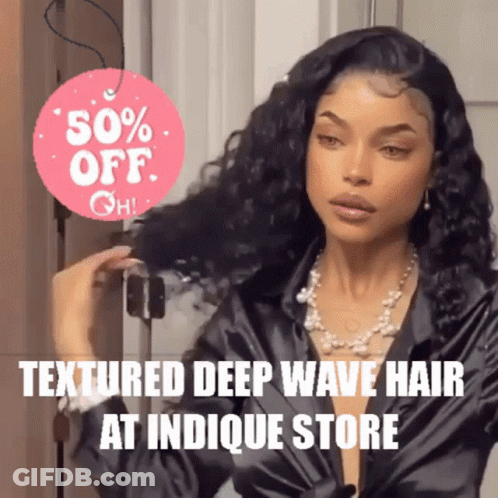 A Woman Is Holding Her Hair In Front Of A Sign That Says 50 % Off At Indicque Store GIF