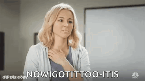 A Woman Is Holding Her Hand To Her Chest And Saying `` Now Gotit Too-Itis '' . GIF