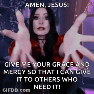 A Woman Is Holding Her Hands Out In Front Of Her Face And Saying Amen Jesus ! GIF