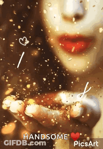 A Woman Is Holding Something In Her Hands With The Words Handsome Picsart Written On It GIF