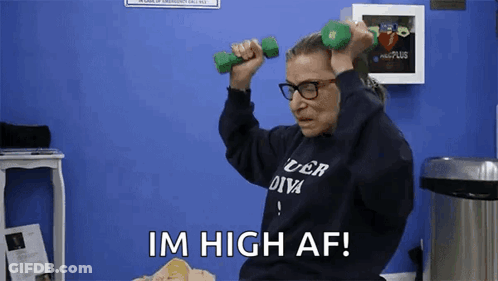 A Woman Is Holding Two Green Dumbbells In Her Hands And Saying Im High Af . GIF