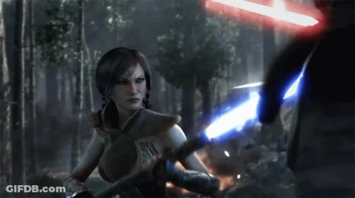A Woman Is Holding Two Lightsabers In Front Of A Red Light GIF