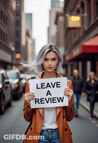 Woman Holding Leave A Review Sign GIF