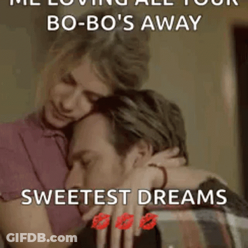A Woman Is Hugging A Man With The Words Sweetest Dreams Written On The Bottom GIF