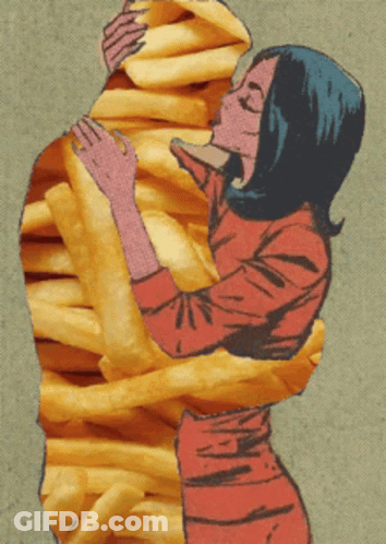 A Woman Is Hugging A Stack Of French Fries GIF