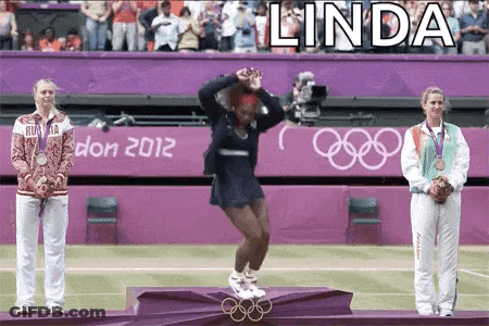 A Woman Is Jumping In The Air While Standing On A Podium With The Word Linda Written Above Her GIF