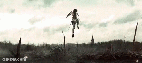 A Woman Is Jumping In The Air With A Sword And Shield In A Field . GIF