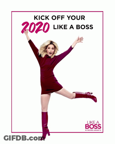 A Woman Is Jumping In The Air With The Words Kick Off Your 2020 Like A Boss Behind Her GIF