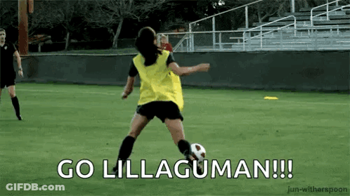 A Woman Is Kicking A Soccer Ball On A Field With The Words Go Lillaguman Written Below Her GIF