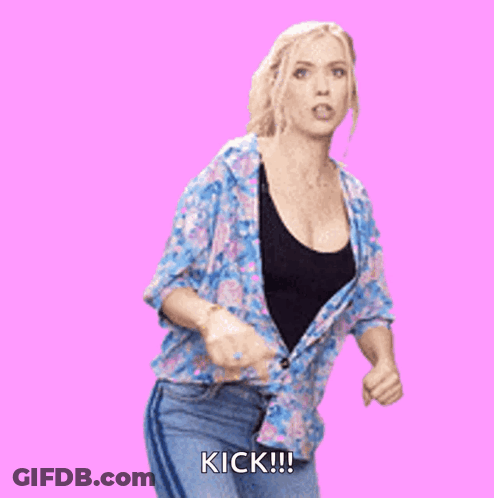 A Woman Is Kicking With Her Foot And The Word Kick Is On The Pink Background GIF