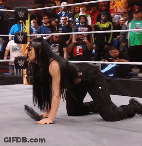 A Woman Is Kneeling Down In A Wrestling Ring With A W Logo On The Ropes GIF
