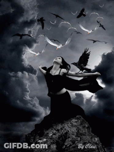 A Woman Is Kneeling On A Rock With Birds Flying Around Her And The Words By Clau On The Bottom Right GIF