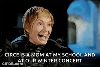 A Woman Is Laughing And Saying `` Circe Is A Mom At My School And At Our Winter Concert '' GIF