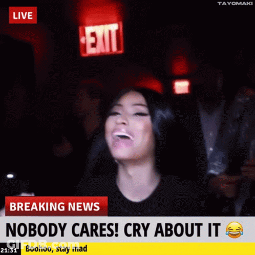 A Woman Is Laughing In Front Of A Breaking News Headline That Says Nobody Cares Cry About It GIF