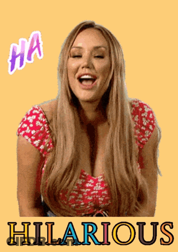 A Woman Is Laughing In Front Of A Yellow Background With Hilarious Written On It GIF