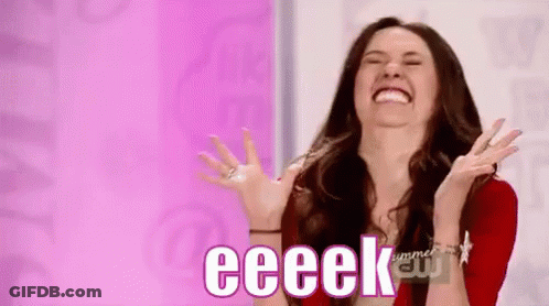 A Woman Is Laughing With Her Hands In The Air And The Word Eeeek Is Written On The Screen Behind Her . GIF