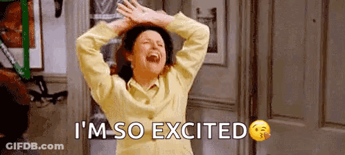 A Woman Is Laughing With Her Hands In The Air And The Words `` I 'M So Excited '' Written Below Her . GIF