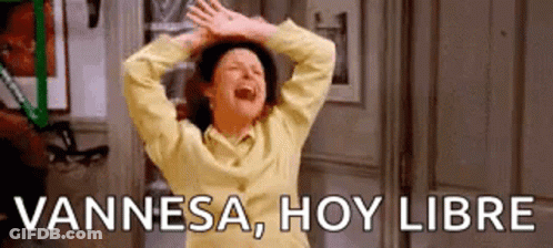 A Woman Is Laughing With Her Hands In The Air And The Words Vannesa , Hoy Libre Written On The Bottom . GIF