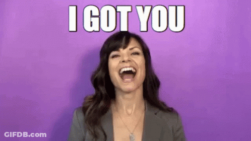 A Woman Is Laughing With Her Mouth Open And The Words `` I Got You '' Written Above Her . GIF
