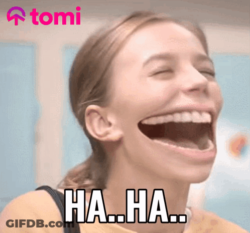A Woman Is Laughing With Her Mouth Wide Open And The Words Ha Ha On Her Face GIF