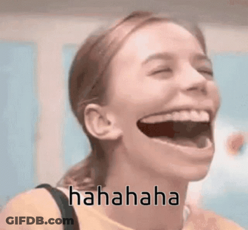 A Woman Is Laughing With Her Mouth Wide Open And The Words `` Hahahaha '' Written On Her Face . GIF