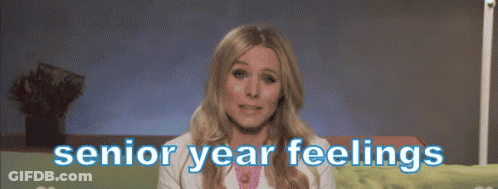 A Woman Is Laughing With The Words " Senior Year Feelings " Below Her GIF