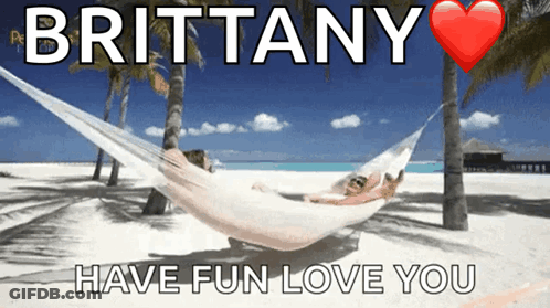 A Woman Is Laying In A Hammock On The Beach With Brittany Have Fun Love You Written Below Her GIF