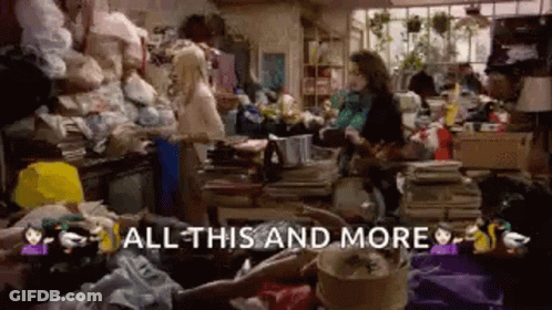A Woman Is Laying In A Messy Room With The Words `` All This And More '' Written Above Her . GIF