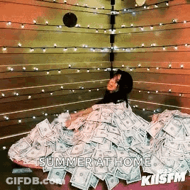 A Woman Is Laying In A Pile Of Money With The Words Summer At Home Written On The Bottom GIF