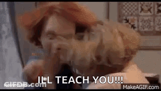 A Woman Is Laying On A Bed With A Dog And Says `` I 'Ll Teach You '' . GIF