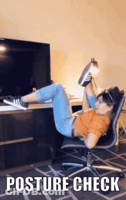 A Woman Is Laying On A Chair With The Words " Posture Check " Below Her GIF