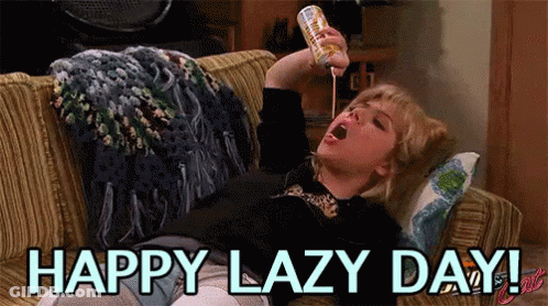 A Woman Is Laying On A Couch Drinking From A Can And The Words Happy Lazy Day Are Above Her GIF
