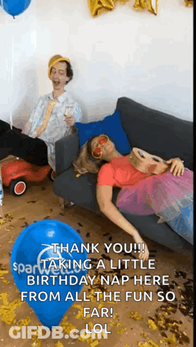 A Woman Is Laying On A Couch With A Blue Balloon That Says " Thank You " GIF