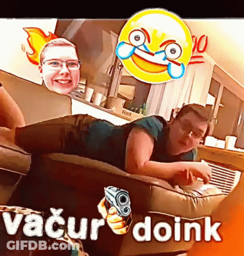 A Woman Is Laying On A Couch With A Smiley Face Behind Her And The Words Vacur Doink Below Her GIF
