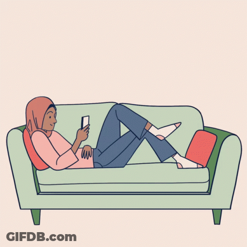 A Woman Is Laying On A Couch With Her Legs Crossed And The Word Relax Above Her GIF