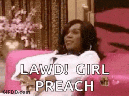 A Woman Is Laying On A Pink Couch With The Words Lawd ! Girl Preach Written On It . GIF