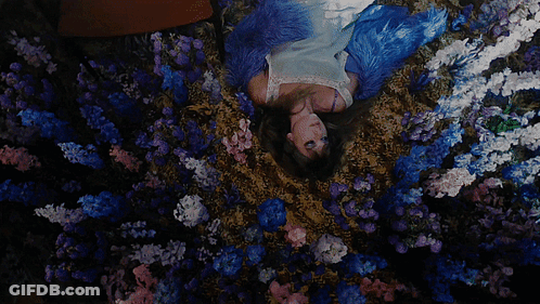 A Woman Is Laying On Her Back In A Field Of Blue And Pink Flowers GIF