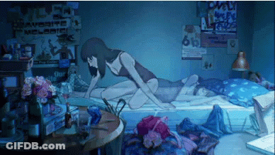A Woman Is Laying On Top Of A Man On A Bed In A Room With Posters On The Wall That Say Favorite GIF
