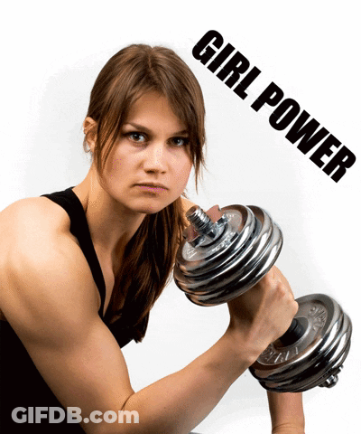 A Woman Is Lifting A Dumbbell With The Word Girl Power Behind Her GIF