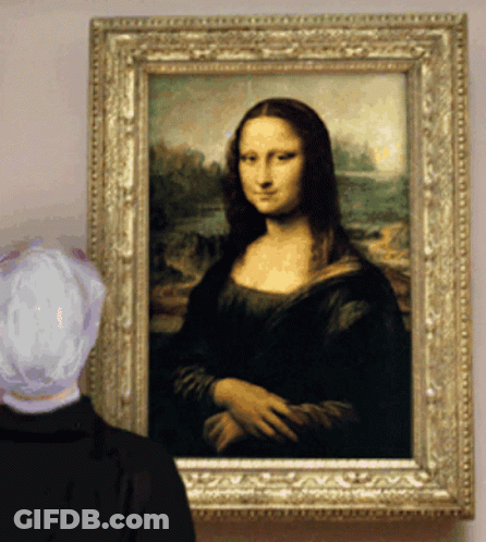 A Woman Is Looking At A Painting Of A Woman In A Gold Frame GIF