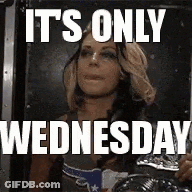 A Woman Is Looking At Herself In A Mirror With The Words `` It 'S Only Wednesday '' Written Above Her . GIF
